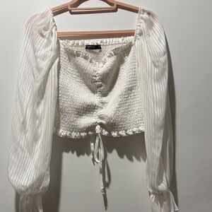 SHEIN White Smocked Blouse with Sheer Sleeves